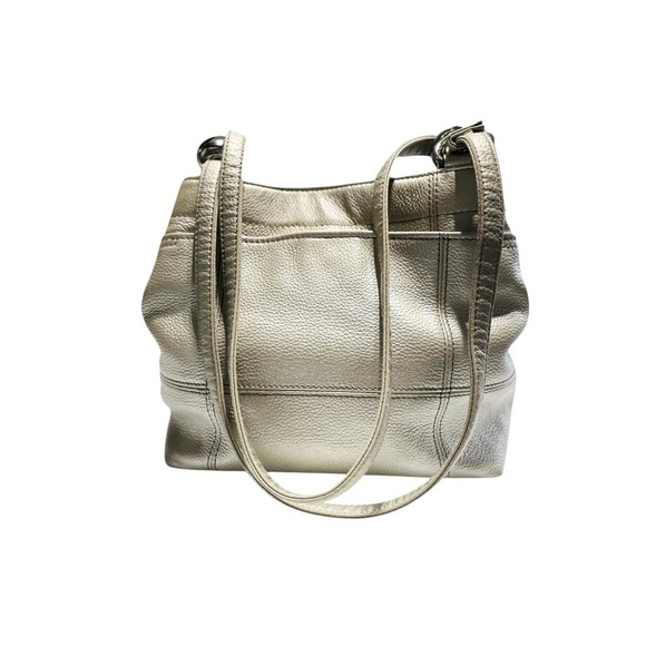 Tignanello Metallic Gold Silver Pebbled Leather shoulder Bag Brown Chain Fabric - Picture 2 of 14